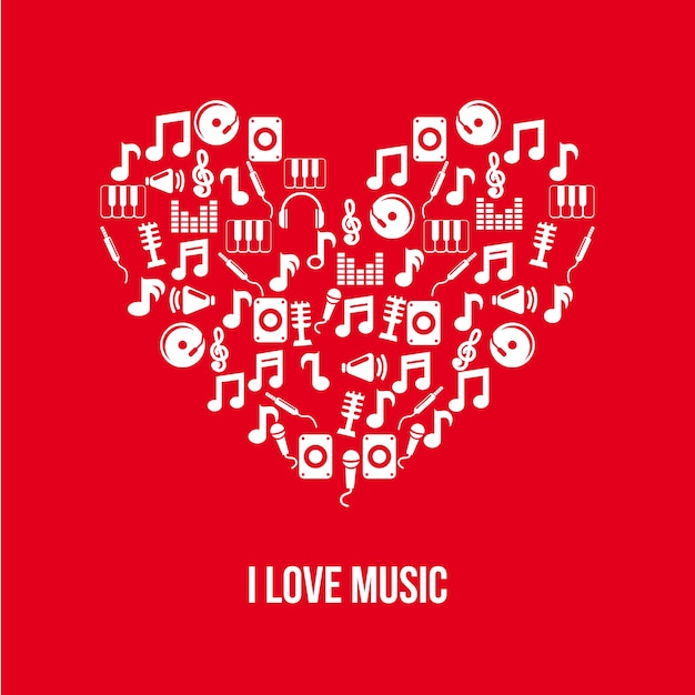 muziekpictogrammen over rode vectorillustratie als achtergrond