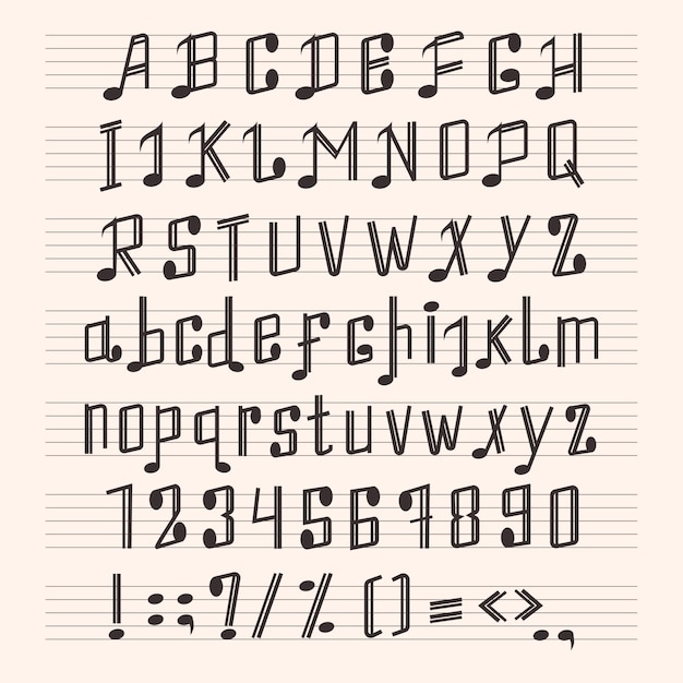 Muzikale decoratieve notities alfabet lettertype hand mark muziek score abc typografie glyph papier boekillustratie