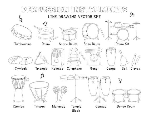 Muzikale percussie-instrumenten lijntekening vector set tamboerijn snaredrum cimbalen clipart tekenen