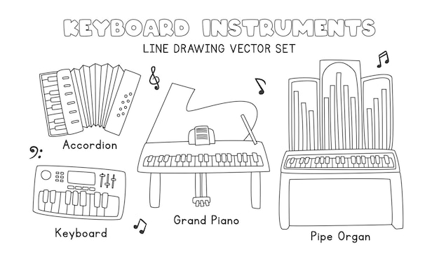 Muzikale toetsenbordinstrumenten lijntekening vector set Accordeon grand piano toetsenbord lijn kunst set