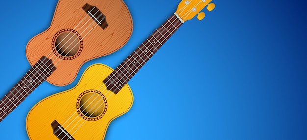 Muzikale vectorbanner van 2 Ukelele-gitaren op een blauwe achtergrond met kopieerruimte