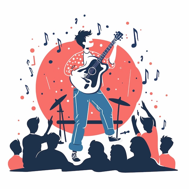 Vector muzikant met gitaar op het podium vector illustratie in platte stijl