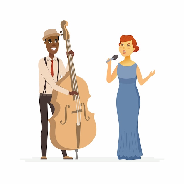 Vector muzikanten - cartoon personen personages illustratie geïsoleerd op een witte achtergrond. jonge stijlvolle afrikaanse man in pak contrabas spelen en zingende vrouw met een microfoon in een avondjurk. jazzband