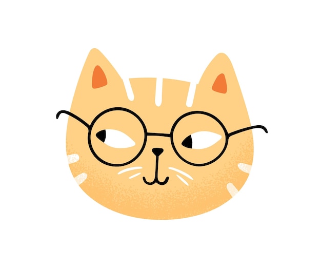 Muzzle of funny cute cat in glasses vector flat illustration. Portrait of clever feline character isolated on white background. Avatar of cheerful furry domestic animal. Adorable pet face.