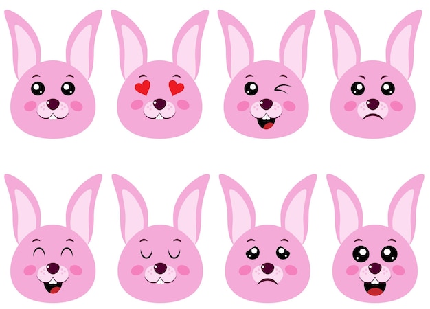 Muzzles of a pink rabbit in different emotions