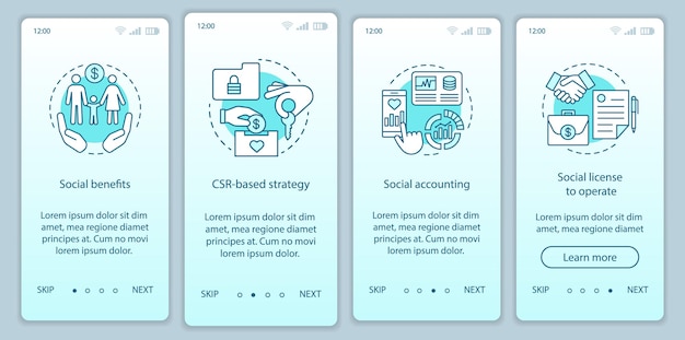 Mvo onboarding mobiele app pagina scherm vector sjabloon. maatschappelijk verantwoord ondernemen walkthrough website stappen. sociale voordelen, boekhouding, licentie. ux, ui, gui smartphone-interfaceconcept