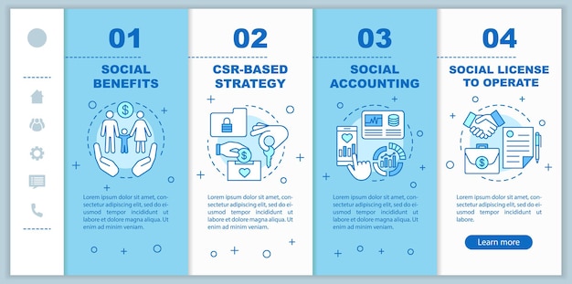 MVO onboarding mobiele webpagina's vector sjabloon Maatschappelijk verantwoord ondernemen Sociale voordelen boekhouding Responsieve smartphone website-interface Webpagina walkthrough stap schermen Kleur concept