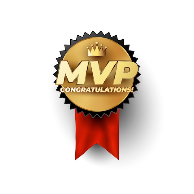 MVP Most Valuable Playerゴールドバッジコンセプト。豪華なゴールドスタイルのMVPフレーズの上にチャンピオンクラウンがあります。スポーツまたはサイバースポーツバッジロゴタイプコンセプト。ゲームの最初のリーダープレーヤー、