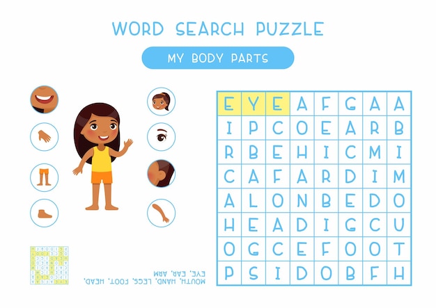 My body parts Word search puzzle for classroom Anatomy learning game for kids Childish crossword