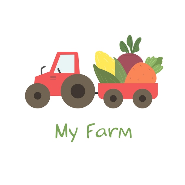 Моя ферма симпатичная векторная иллюстрация с тракторной тележкой и овощами детская печать