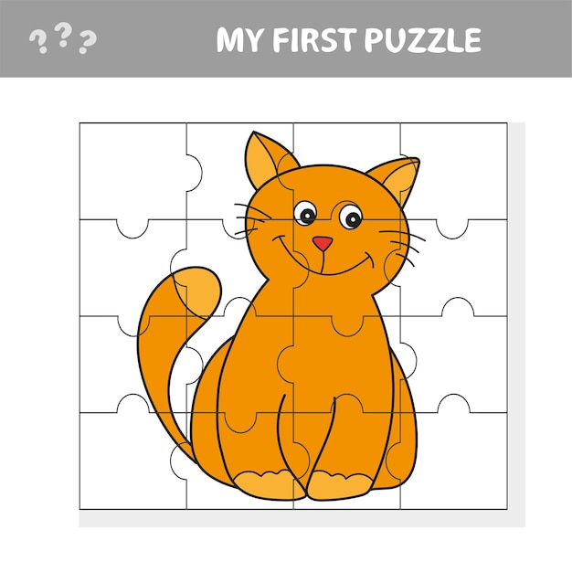 My first puzzle. Cute puzzle game. Vector illustration of puzzle game with happy cartoon cat for children