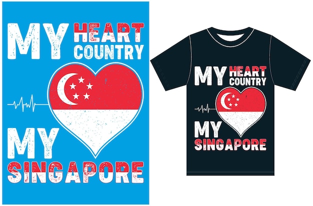 Vettore il mio cuore, il mio paese, la mia singapore. bandiera di singapore t-shirt design.typography disegno vettoriale.