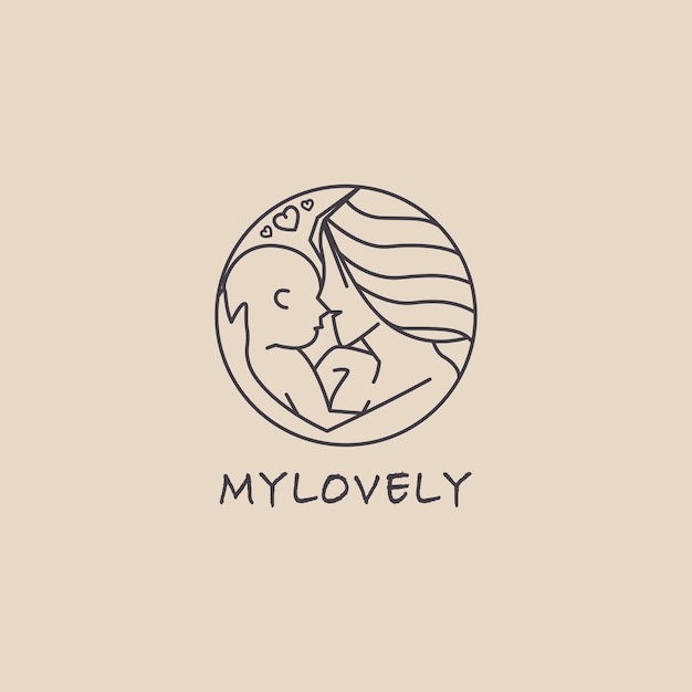 Vector my lovely mom and son line art style vector illustration with baby love woman concept for nursing lactating logo