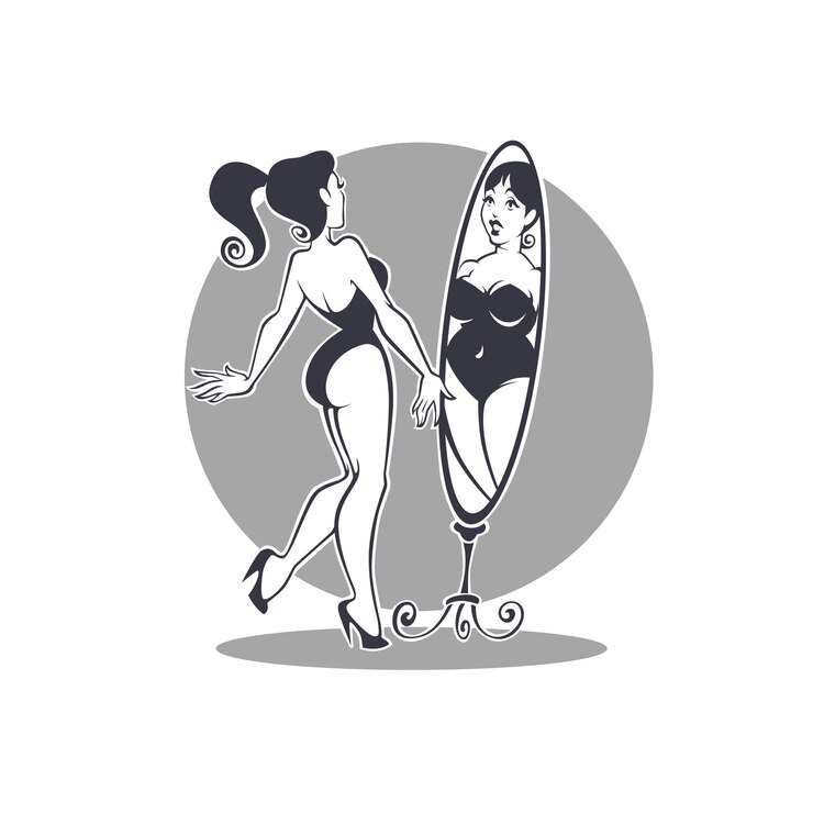 Vector my mirror,  illustration of slim pinup girl and her overweight reflection