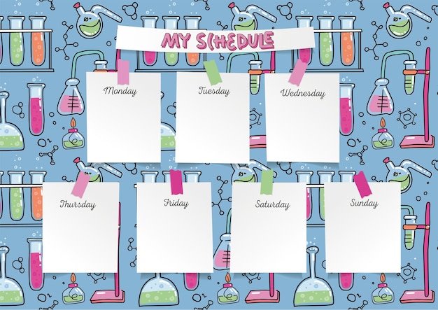 My schedule template with school science supplies in a doodle style microscope test tube planner not