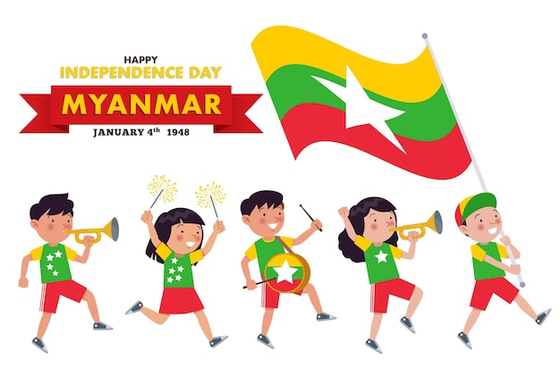 Vector myanmar children of various tribes are parading commemorating and celebrating the independence day of myanmar