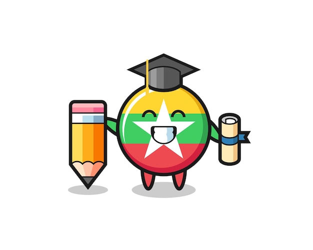 Myanmar flag badge illustration cartoon is graduation with a giant pencil , cute design