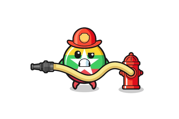 Fumetto della bandiera del myanmar come mascotte del vigile del fuoco con tubo dell'acqua