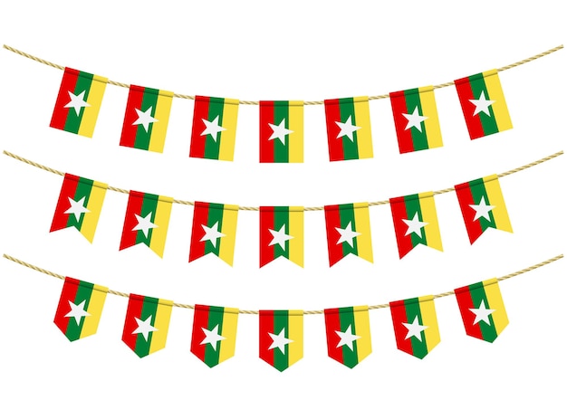 Myanmar flag on the ropes on white background. Set of Patriotic bunting flags. Bunting decoration of Myanmar flag