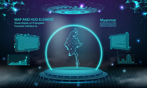 ミャンマー マップ光接続効果背景抽象デジタル技術 UI GUI 未来的な HUD ミャンマー マップとの仮想インターフェイス霧のステージ未来的な表彰台