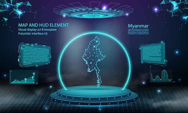 Myanmar map light connecting effect background abstract digital technology ui gui futuristic hud virtual interface with myanmar map stage futuristic podium in fog