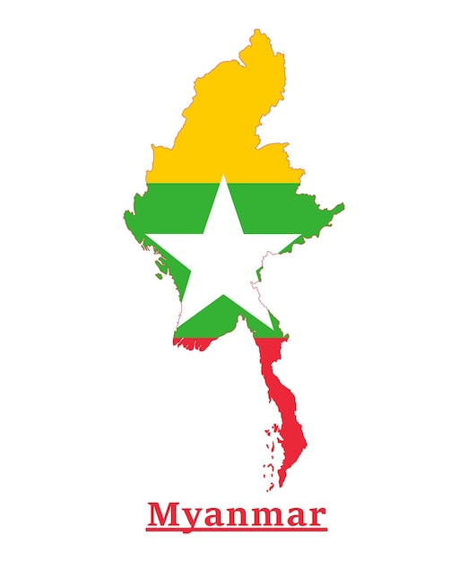 Progettazione della mappa della bandiera nazionale del myanmar, illustrazione della bandiera del paese della birmania all'interno della mappa
