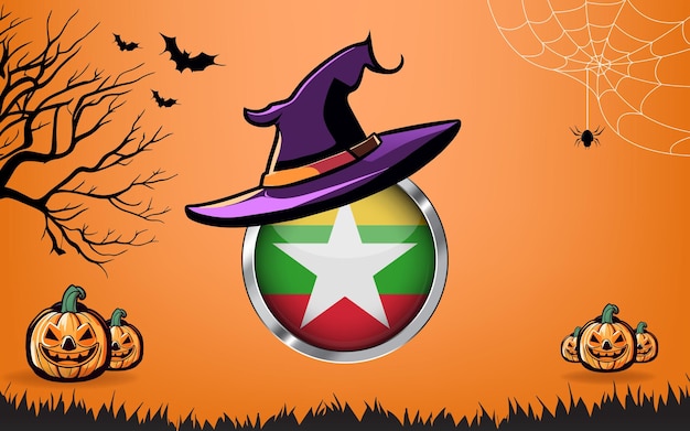 Myanmar round flag with happy halloween banner or party invitation background bats spiders and pumpkins orange background