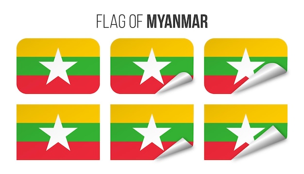 Myanmar vlag etiketten stickers set Vector illustratie 3d vlaggen van Birma geïsoleerd op wit