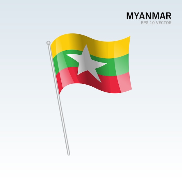 Bandierina d'ondeggiamento del myanmar isolata su priorità bassa grigia