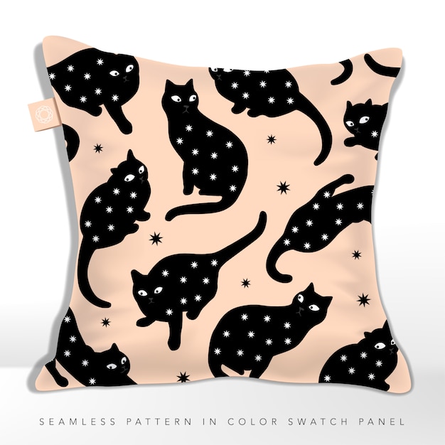 Vector mysterious black cat silhouette seamless fabric pattern on cushion, with star decor, coral & black.