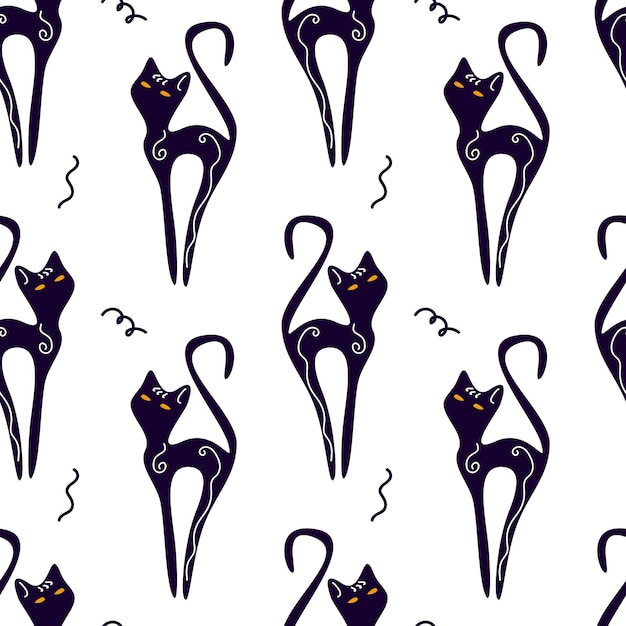 Mysterious black cats pattern Halloween Hand drawn illustration Repeat background for wallpaper