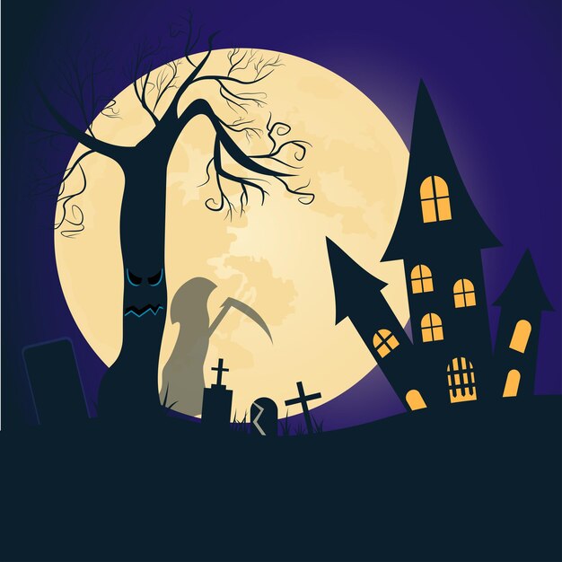 Mysterious castle, Halloween background, Halloween poster, Vector illustration, Terrible castle, dec