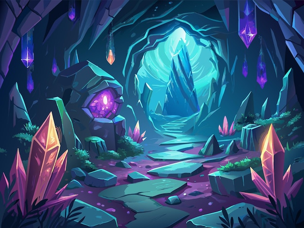 Vector mysterious cave filled with glowing crystals and ancient carvings illustration mystical cave filled with glowing crystals and ancient runes illustration