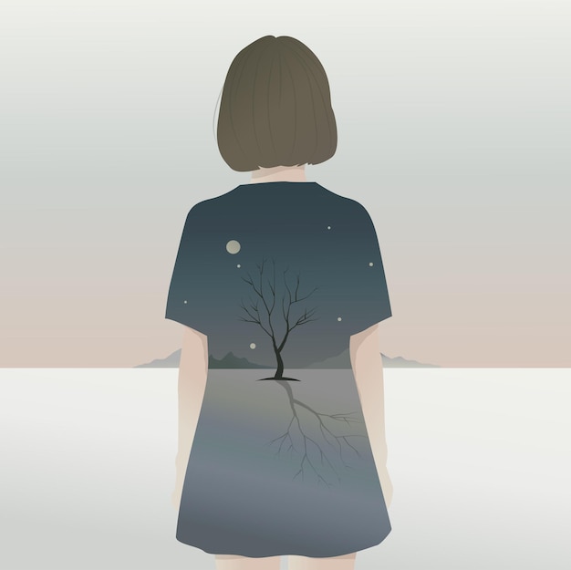 Illustrazione misteriosa e favolosa. una ragazza con un taglio di capelli corto in un vestito con alberi e montagna