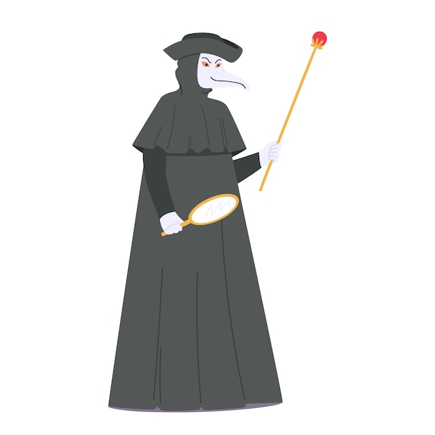 Загадочная фигура в венецианском маскарадном костюме доктора чумы с длинной черной мантией, похожей на птицу маской и широкополой шляпой, источающей жуткую и загадочную векторную иллюстрацию присутствия