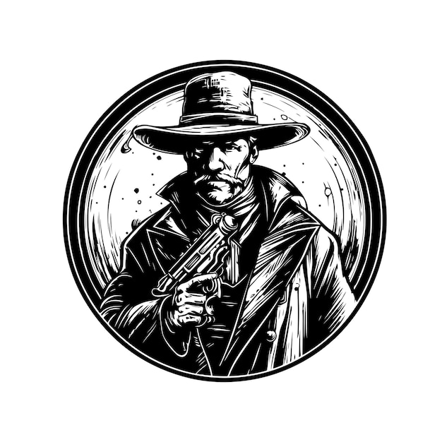 Mysterious gunslinger vintage logo line art concept black and white color hand drawn illustration