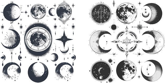 Mysterious moonlight activity stages hand drawn sacred geometry moon