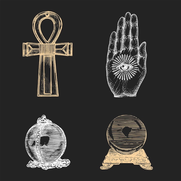 Mysterious and occult thingsvector illustration in engraving style Magical symbols setSketches of esoteric artefacts