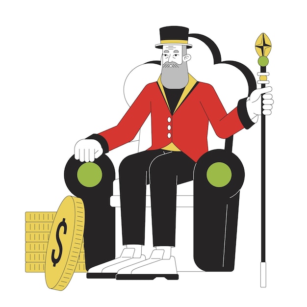 Вектор Таинственный старик, сидящий на троне, плоская линия цвета векторного персонажа. редактируемый контур человека в полный рост с посохом и золотыми монетами на белом. простая карикатурная иллюстрация для веб-графического дизайна.