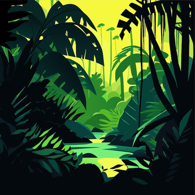 Vettore misteriosa foresta pluviale tropicale splende di verde lussureggiante