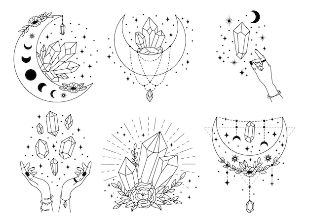 Vector mystery crystals line art celestial gems moon crystal and mystical boho tattoo vector illustration set