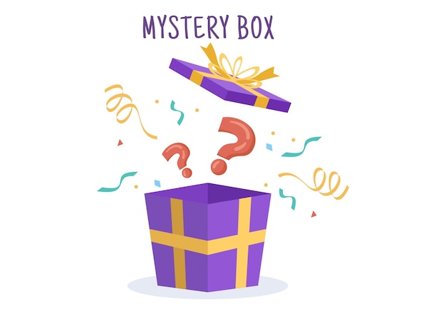 Vettore confezione regalo misteriosa con scatola di cartone aperta all'interno con un punto interrogativo o una sorpresa nell'illustrazione