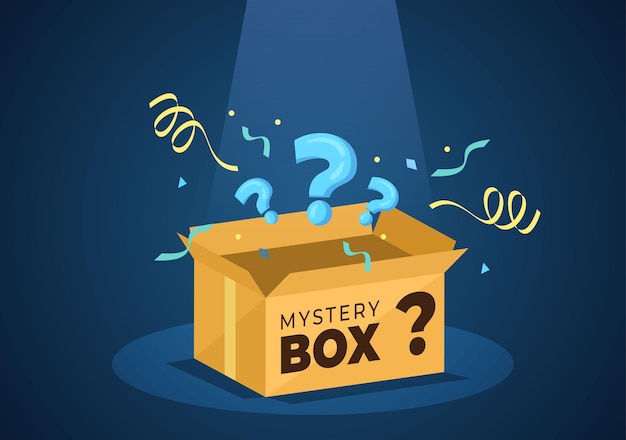 Vector mystery gift box with cardboard box open inside with a question mark or surprise in illustration