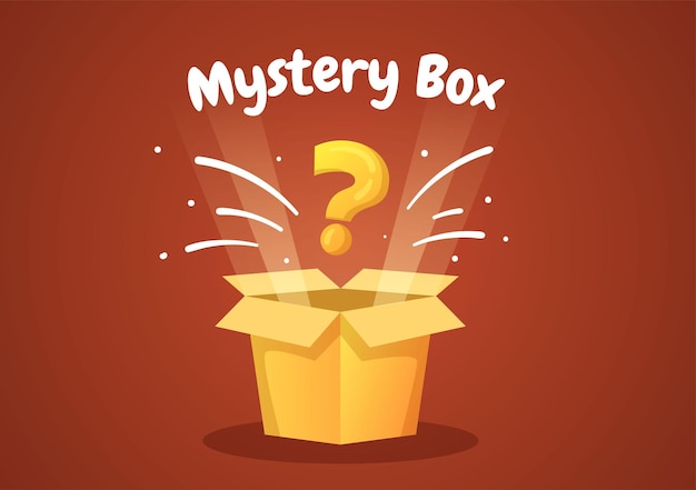 Vector mystery gift box with cardboard box open inside with a question mark or surprise in illustration