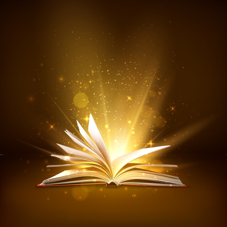 Vector mystery open book with shining pages. fantasy book with magic light sparkles and stars. illustration