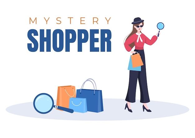 Mystery shopper con borse in occhiali da sole lente d'ingrandimento spy cappotti e cappelli in piatto cartoon illustrazione