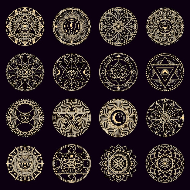 mystery spell circle. golden mystical alchemy witchcraft circular emblems, occult geometry signs, circle magical  illustration icons set. spiritual mystical ornament, astrology and witchcraft