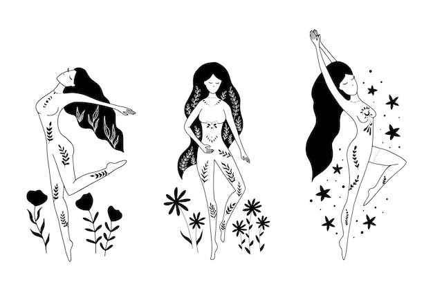 Vector mystery women with floral composition set