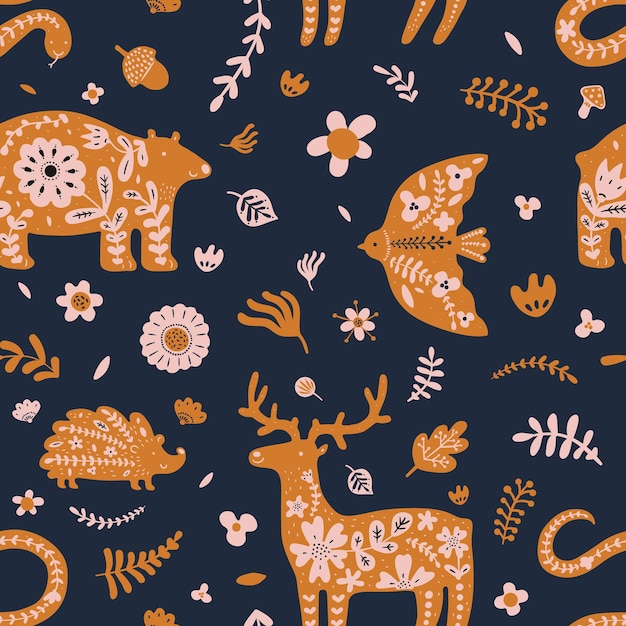 Mystic animals seamless pattern. Magic fauna characters, cute boho style forest fauna silhouettes with flowers and leaves ornaments. Decor textile, wrapping paper wallpaper, vector print