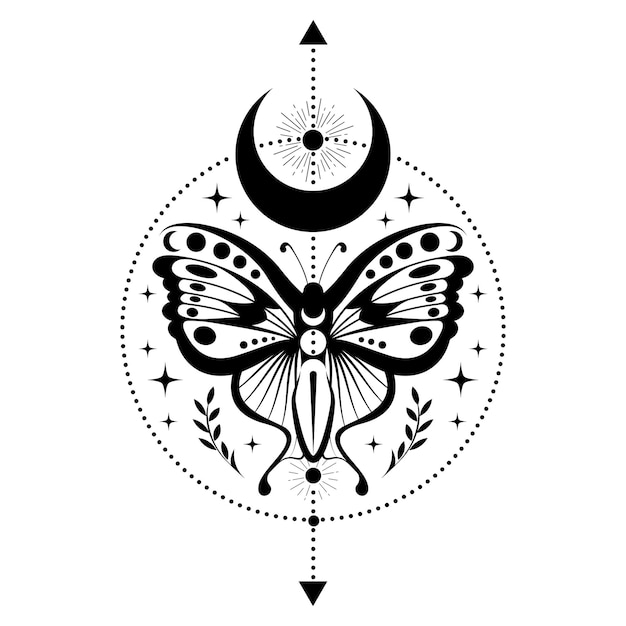 Вектор Мистическая черная мотылька волшебная бабочка и полумесяц священные символы колдовства
